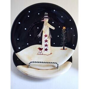 Plates-Salad/Dessert-Certified Int'l-Becca Barton-Holiday -Black Cream-Snowman-2